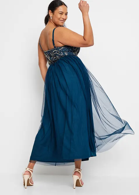 Klänning med smala axelband och pärlapplikation, bonprix