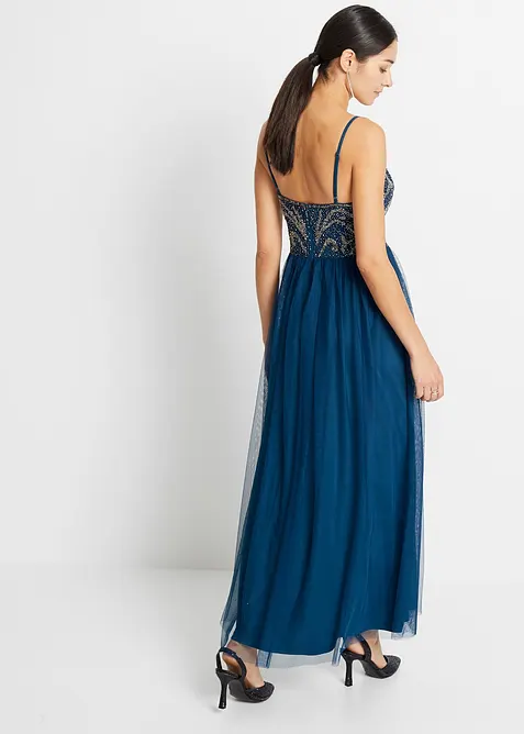 Klänning med smala axelband och pärlapplikation, bonprix