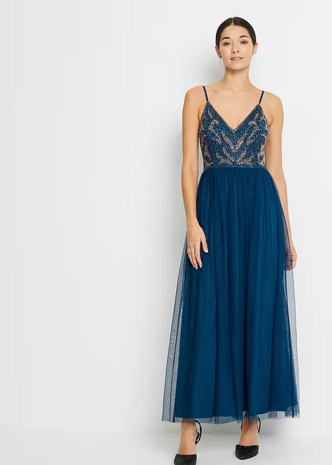 Klänning med smala axelband och pärlapplikation, bonprix