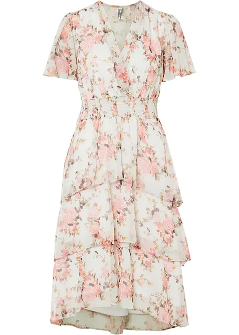 Blommig mellanlång klänning med volanger, bonprix