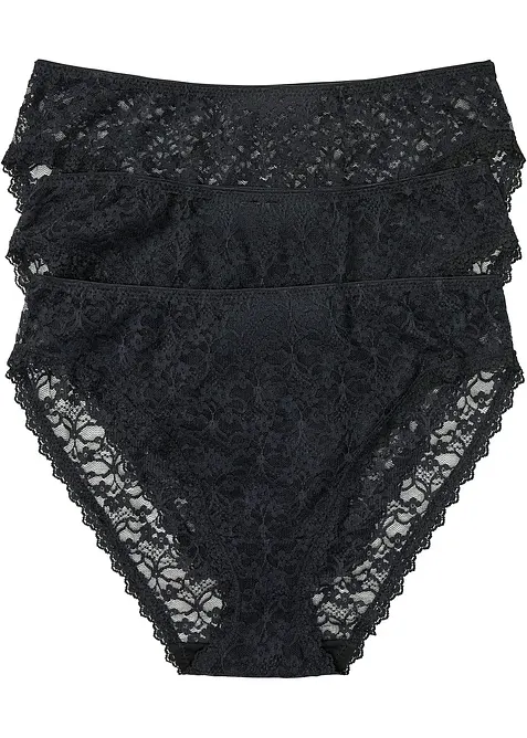 Maxitrosa med återvunnen spets och högt skurna benöppningar (3-pack), bonprix