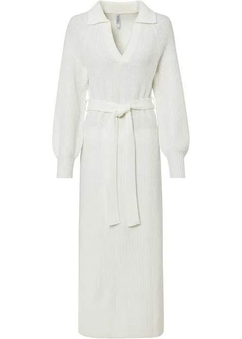 Stickad klänning med V-ringning och skärp (2 delar), bonprix