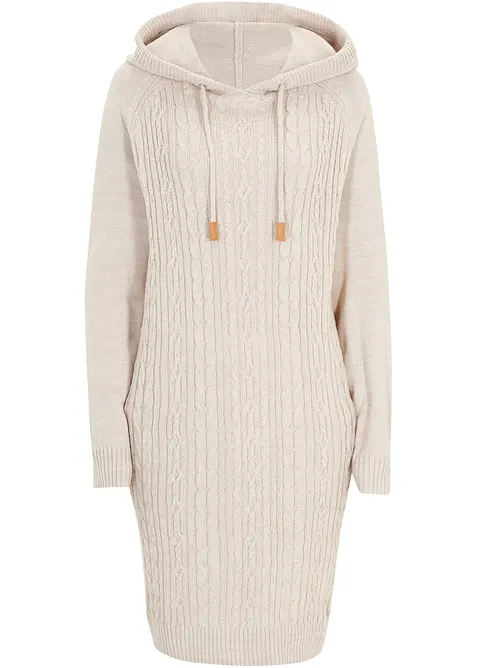 Stickad klänning med luva och flätstickning, bonprix