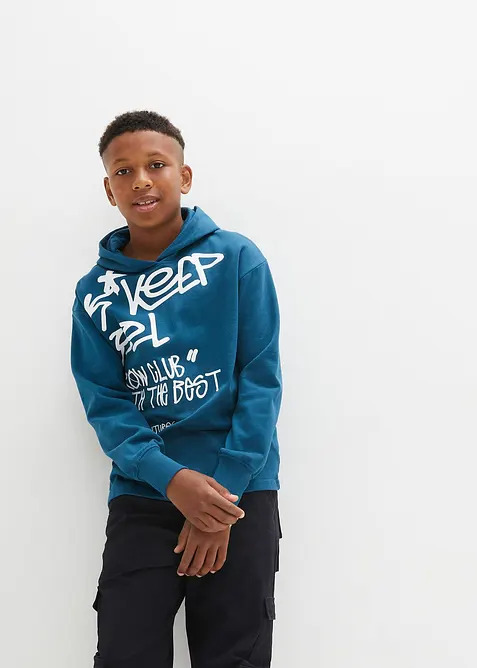 Sweatshirt med huva och graffititryck för barn, ekologisk bomull, bonprix