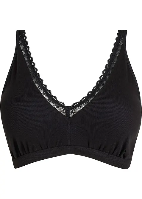 Ribbstickad bralette med ekologisk bomull och spets, bonprix