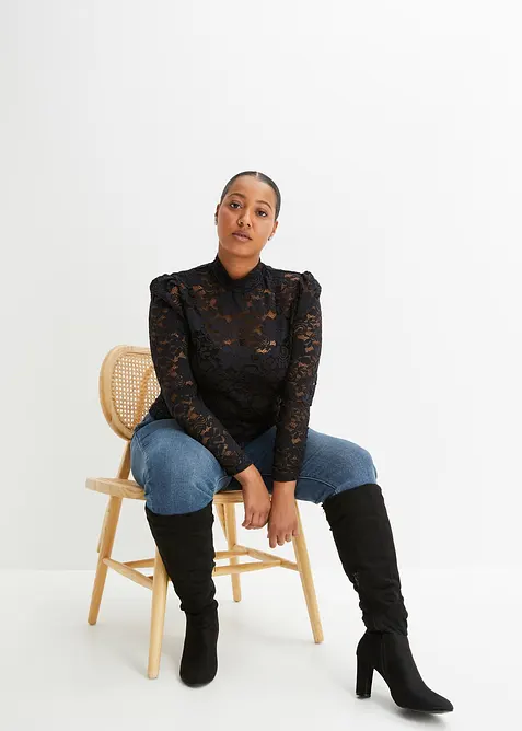 Figurnära, långärmad topp med spets, bonprix