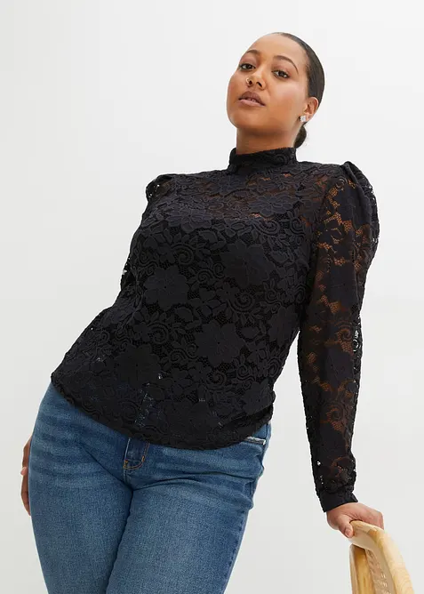 Figurnära, långärmad topp med spets, bonprix