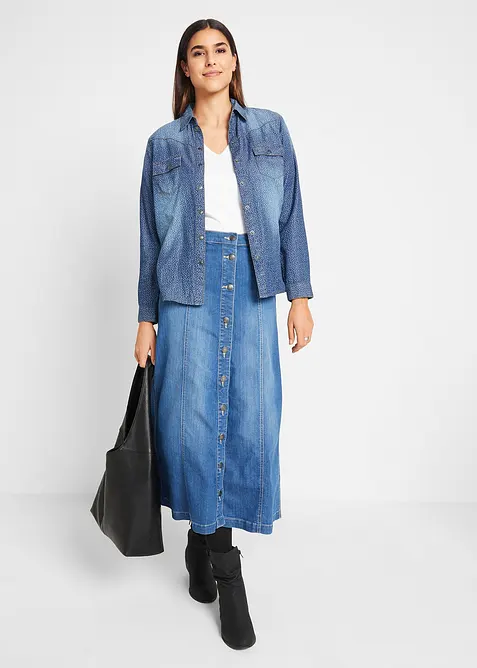 Bekväm stretchig jeanskjol, mellanlång, bonprix