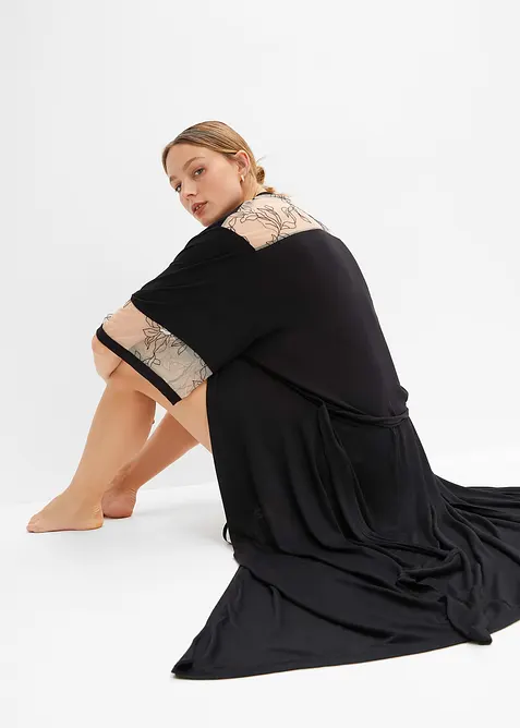 Lång viskoskimono med broderi, bonprix