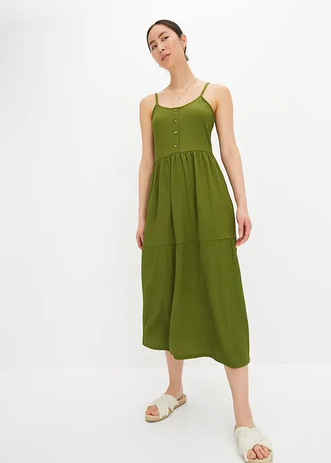 Jerseyklänning med volanger och prydnadsknappar, bonprix