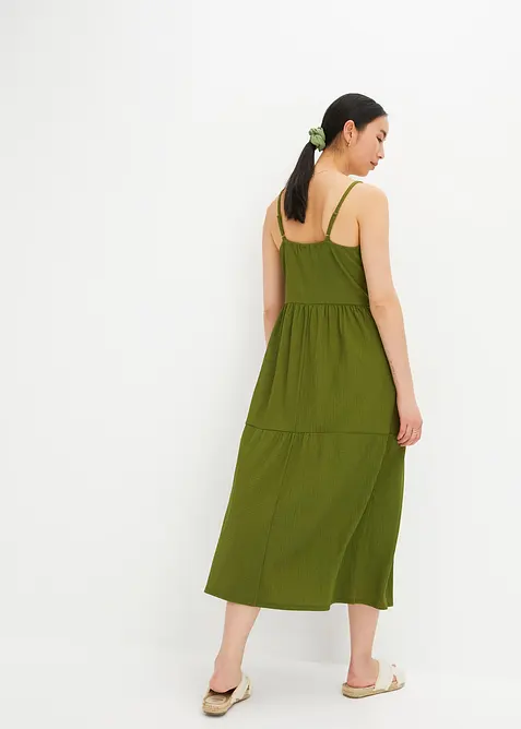 Jerseyklänning med volanger och prydnadsknappar, bonprix