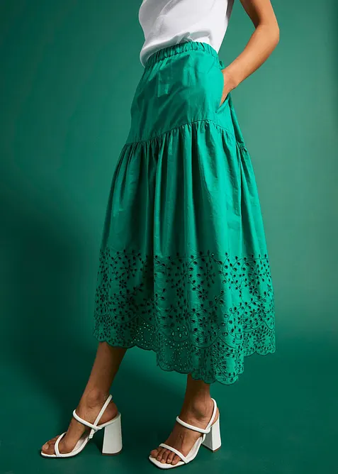 Mellanl&aring;ng kjol i bomull med h&aring;lbroderi, bonprix