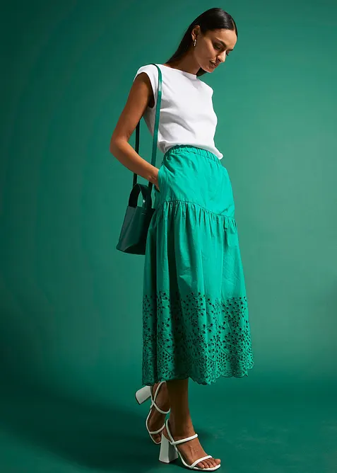 Mellanl&aring;ng kjol i bomull med h&aring;lbroderi, bonprix