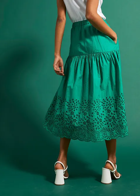 Mellanl&aring;ng kjol i bomull med h&aring;lbroderi, bonprix