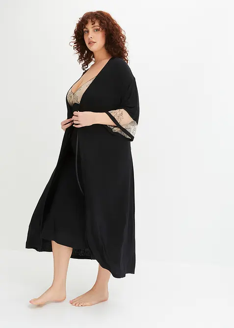 Lång viskoskimono med broderi, bonprix