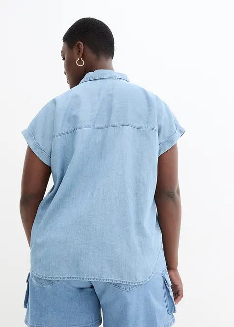 Kort&auml;rmad jeansblus med linneandel, bonprix