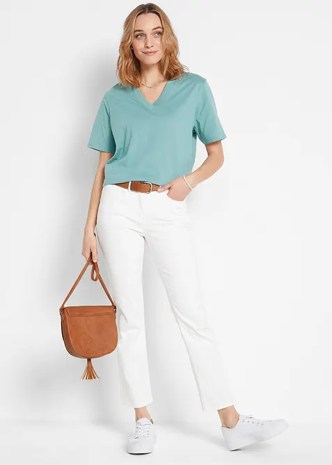 Vid l&aring;ng topp med V-ringning (5-pack), kort&auml;rmad, bonprix