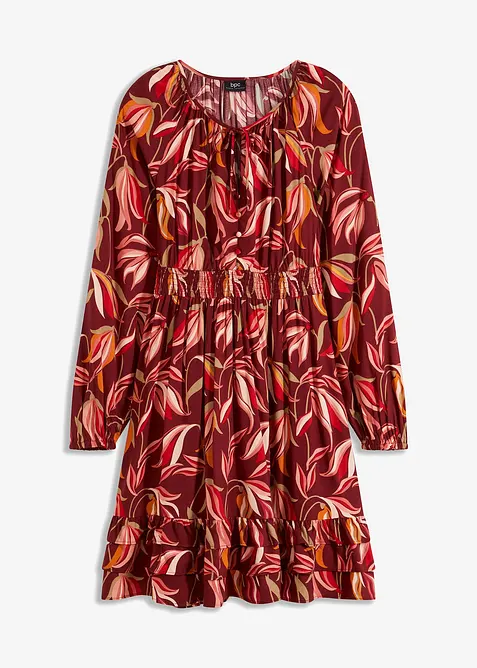 Vävd knälång viskosklänning med smockad midja, bonprix