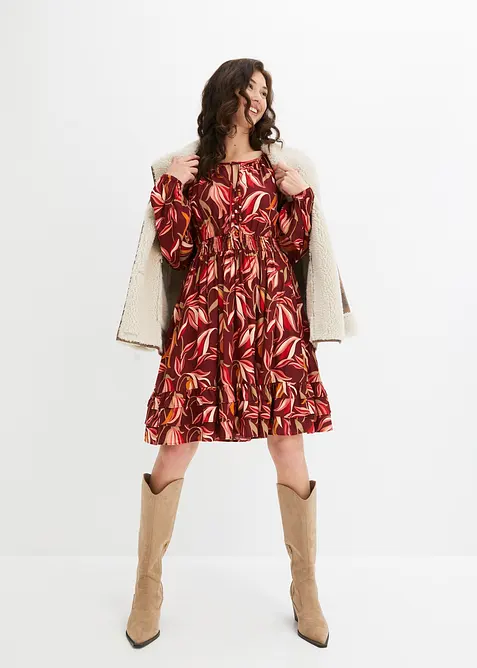 Vävd knälång viskosklänning med smockad midja, bonprix