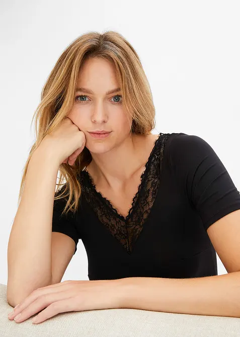 Body i modal med spets och halvlånga ärmar, bonprix