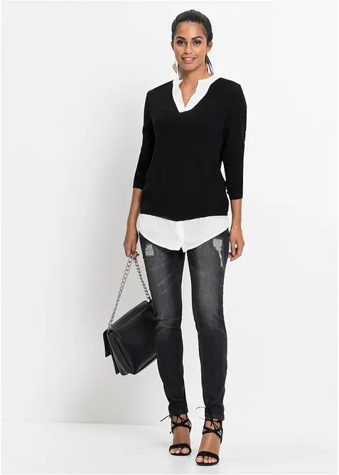 Finstickad tröja med blusinfällning, bonprix