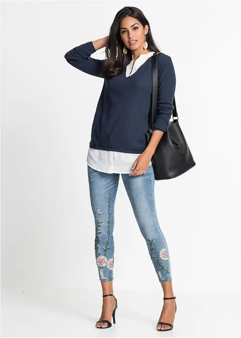 Finstickad tr&ouml;ja med blusinf&auml;llning, bonprix