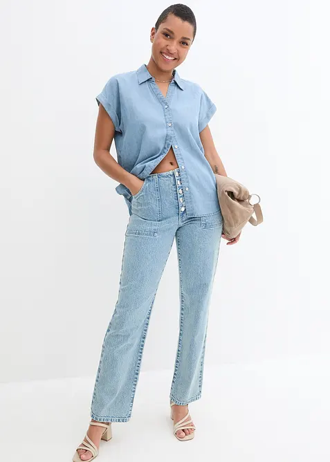 Kort&auml;rmad jeansblus med linneandel, bonprix