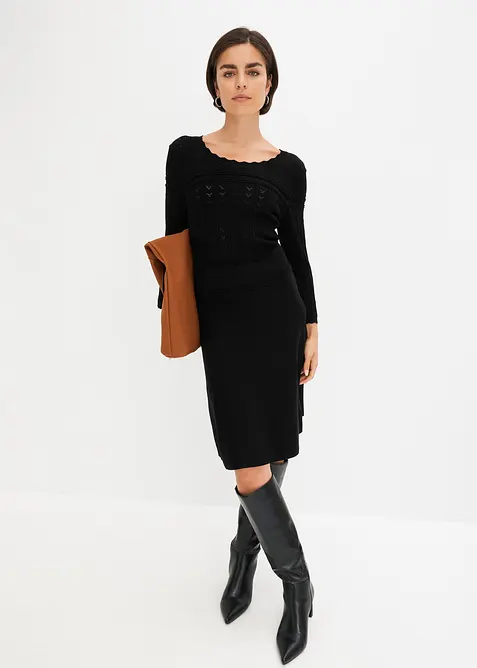 Stickad, hålmönstrad klänning, bonprix