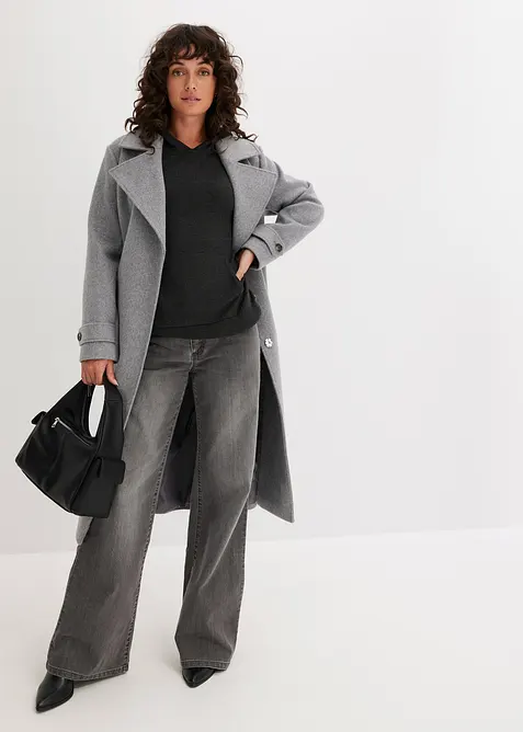 Stickad hoodie med k&auml;nguruficka i viskosmix, bonprix