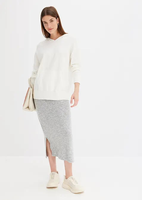 Stickad hoodie med k&auml;nguruficka i viskosmix, bonprix