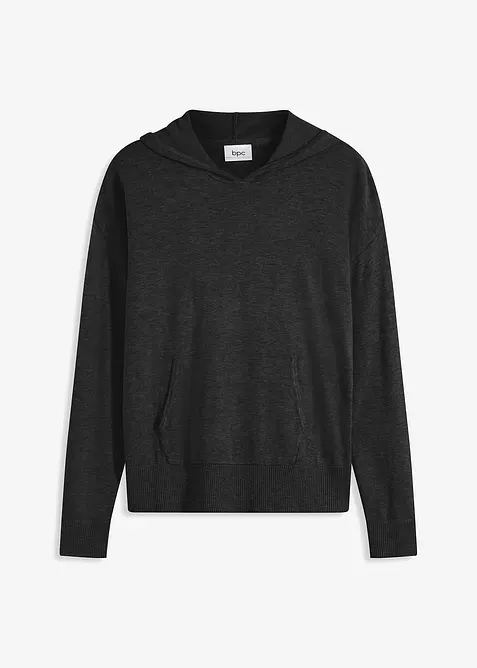 Stickad hoodie med k&auml;nguruficka i viskosmix, bonprix