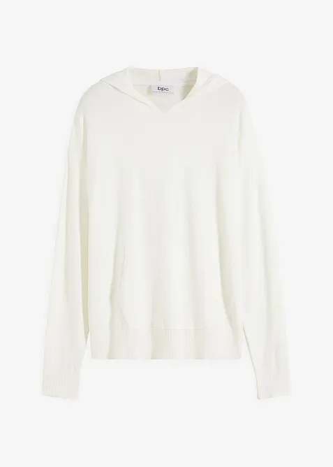 Stickad hoodie med k&auml;nguruficka i viskosmix, bonprix