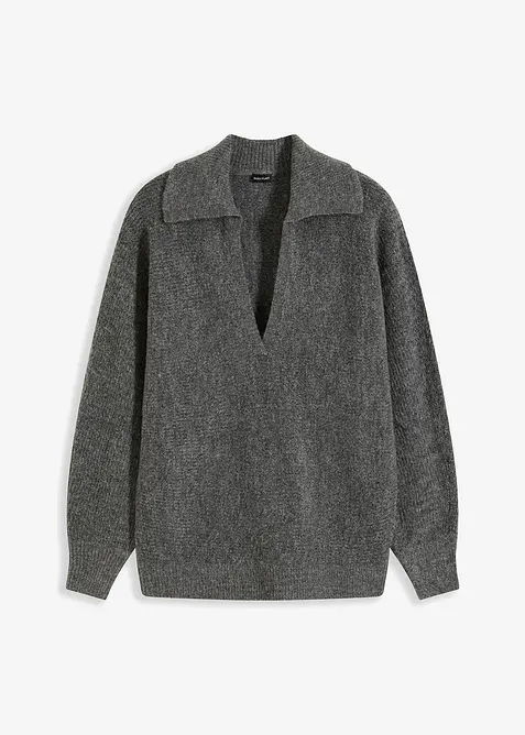 Ribbstickad tr&ouml;ja med krage och dragkedja, bonprix