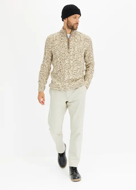 Melerad tröja med hög krage, dragkedja och flätmönster, bonprix