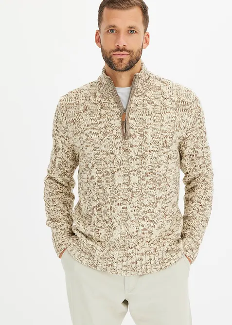 Melerad tröja med hög krage, dragkedja och flätmönster, bonprix