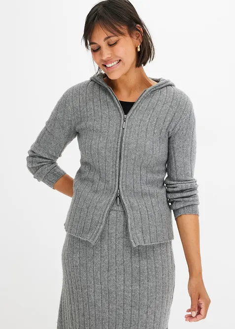 Ribbstickad cardigan med huva, bonprix