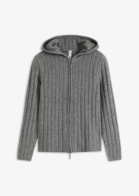 Ribbstickad cardigan med huva, bonprix