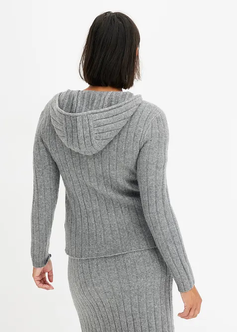 Ribbstickad cardigan med huva, bonprix