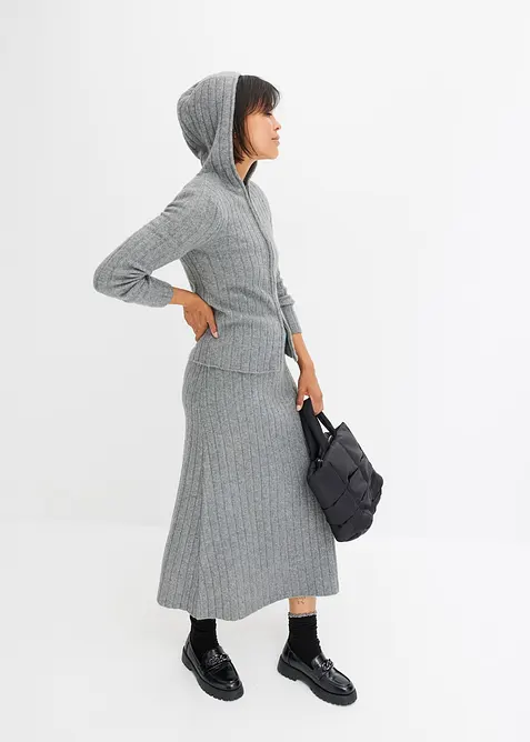 Ribbstickad cardigan med huva, bonprix