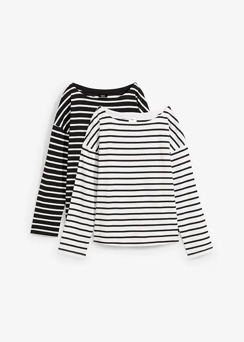 L&aring;ng&auml;rmad T-shirt med vid b&aring;tringning (2-pack), ekologisk bomull, bonprix