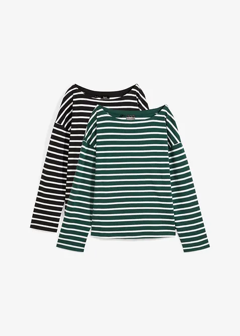 L&aring;ng&auml;rmad T-shirt med vid b&aring;tringning (2-pack), ekologisk bomull, bonprix