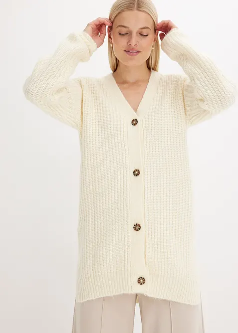 Stickad cardigan med ylleandel, bonprix