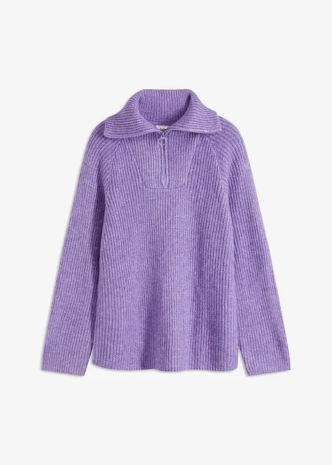 Ribbstickad tröja med krage och dragkedja, bonprix