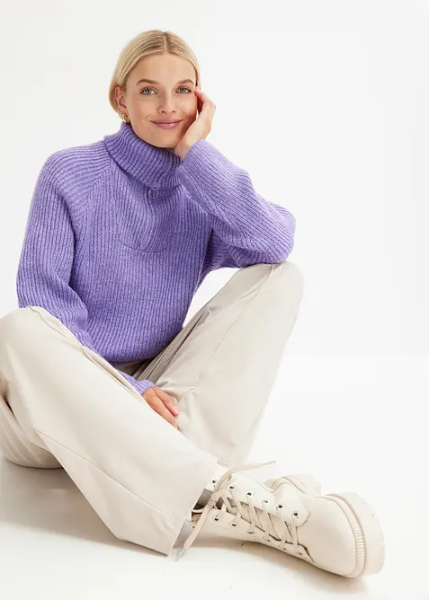 Ribbstickad tröja med krage och dragkedja, bonprix