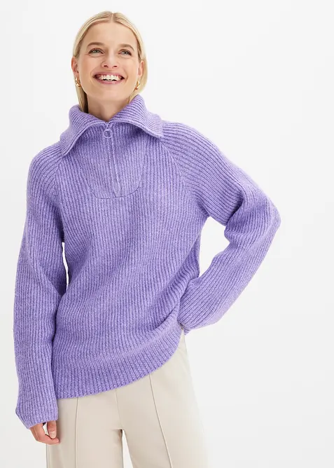 Ribbstickad tröja med krage och dragkedja, bonprix