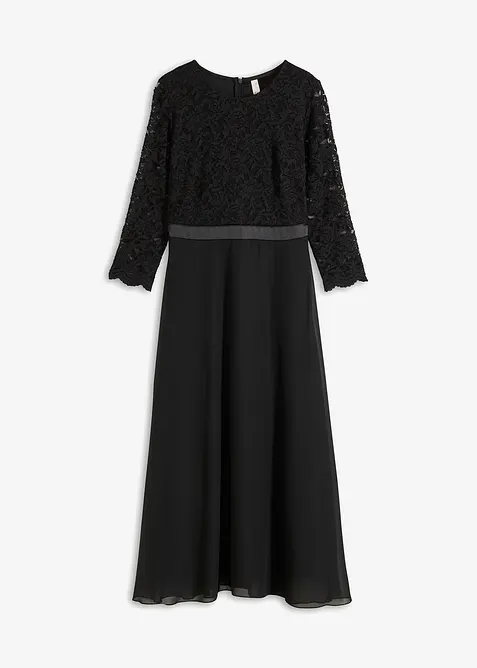 Mellanlång klänning av lätt chiffong med spetsöverdel, bonprix