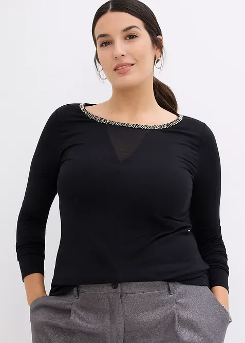 L&aring;ng&auml;rmad topp med meshinf&auml;llning och glitterstenar, bonprix