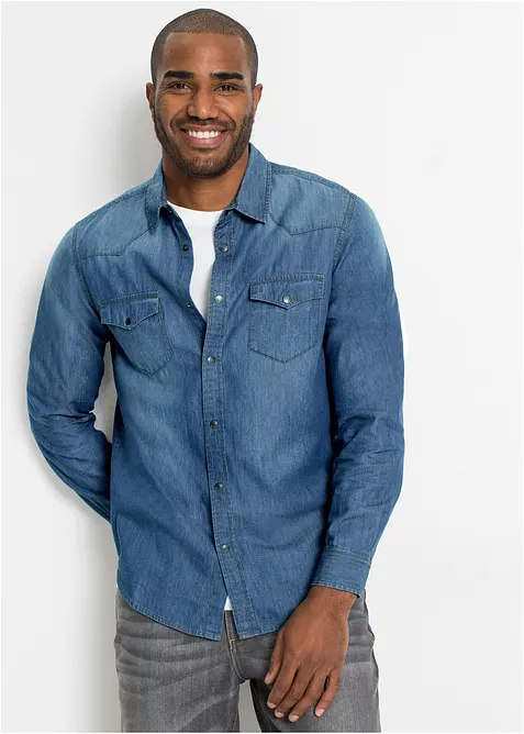 Långärmad jeansskjorta i bomull, smal passform, bonprix