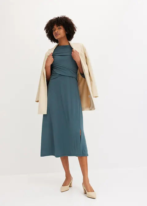 Draperad mellanlång klänning med 3/4-ärm, bonprix