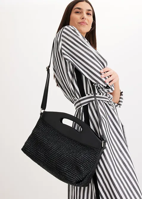 Axelremsväska av halm med skinnhandtag, bonprix